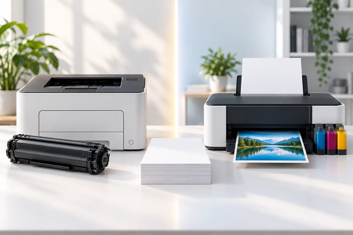 Deux imprimantes, une laser avec toner et une jet d’encre avec réservoirs couleur, côte à côte.