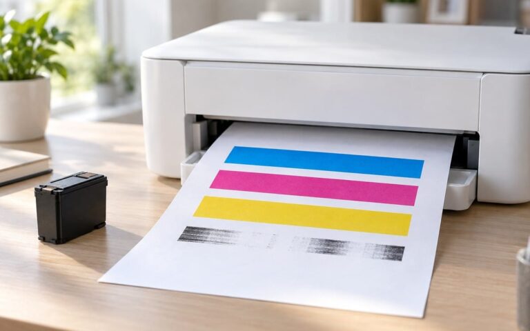Imprimante avec une page de test couleur dont la bande noire est incomplète.