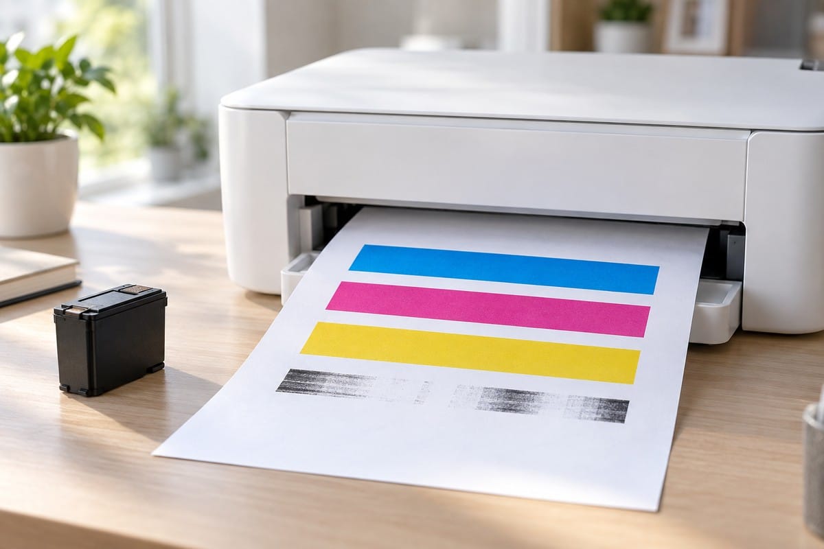 Imprimante avec une page de test couleur dont la bande noire est incomplète.