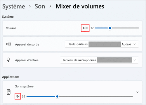 Mélangeur de volume Windows 11 avec périphériques audio par application