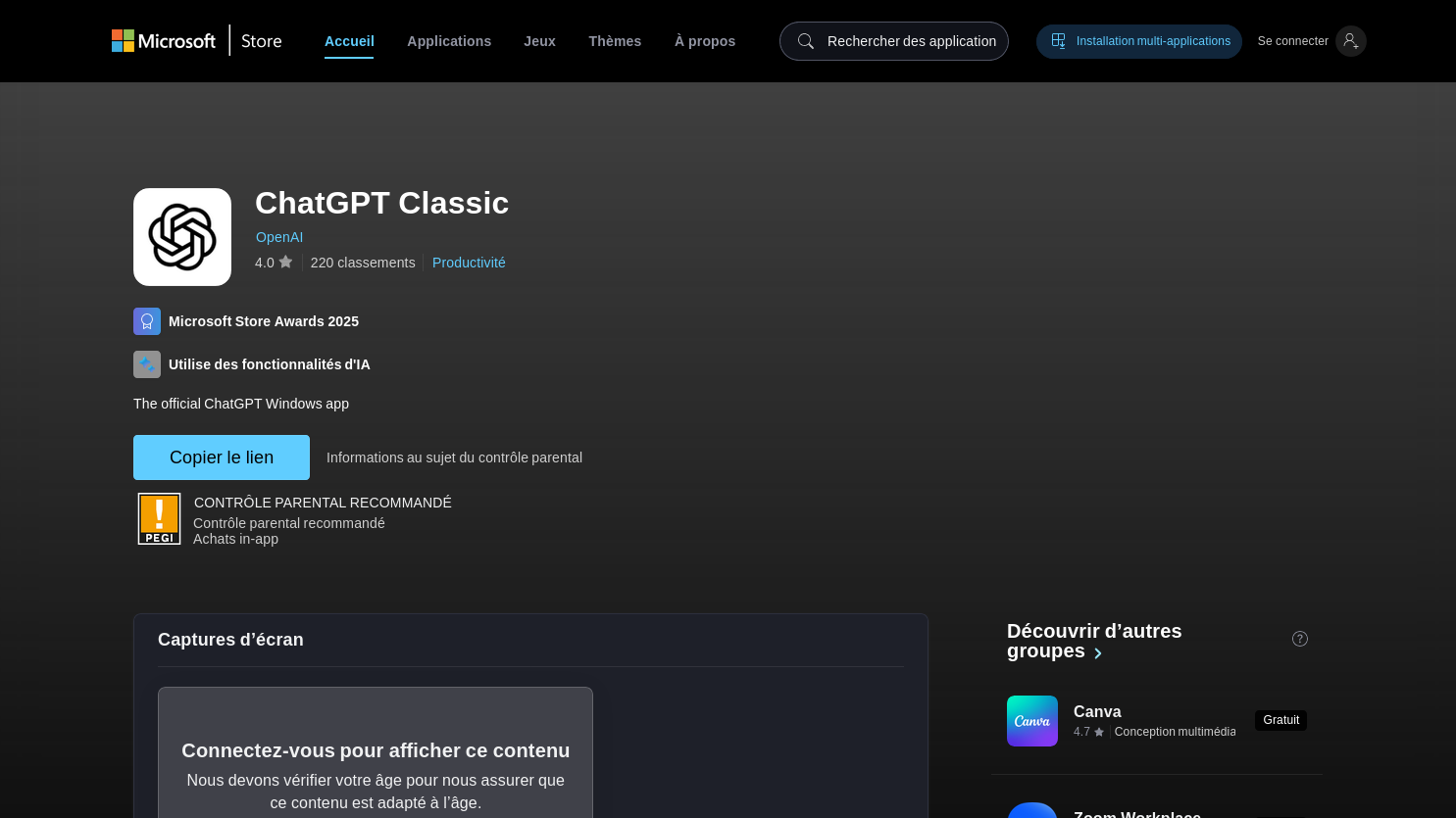 Fiche Microsoft Store ChatGPT Classic éditée par OpenAI
