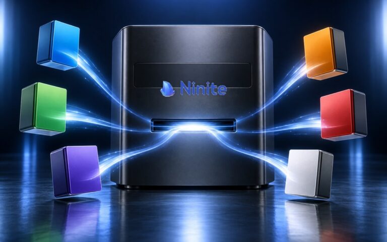 Logo Ninite sur un installateur unique entouré de modules logiciels.