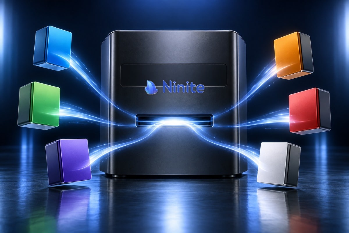 Logo Ninite sur un installateur unique entouré de modules logiciels.