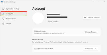 Onglet Compte de OneDrive avec l’action Unlink this PC