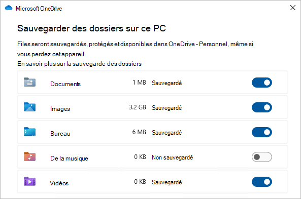 Paramètres OneDrive avec les dossiers Bureau, Documents et Images à sauvegarder