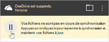 Notification OneDrive suspendu avec le bouton pour reprendre la synchronisation