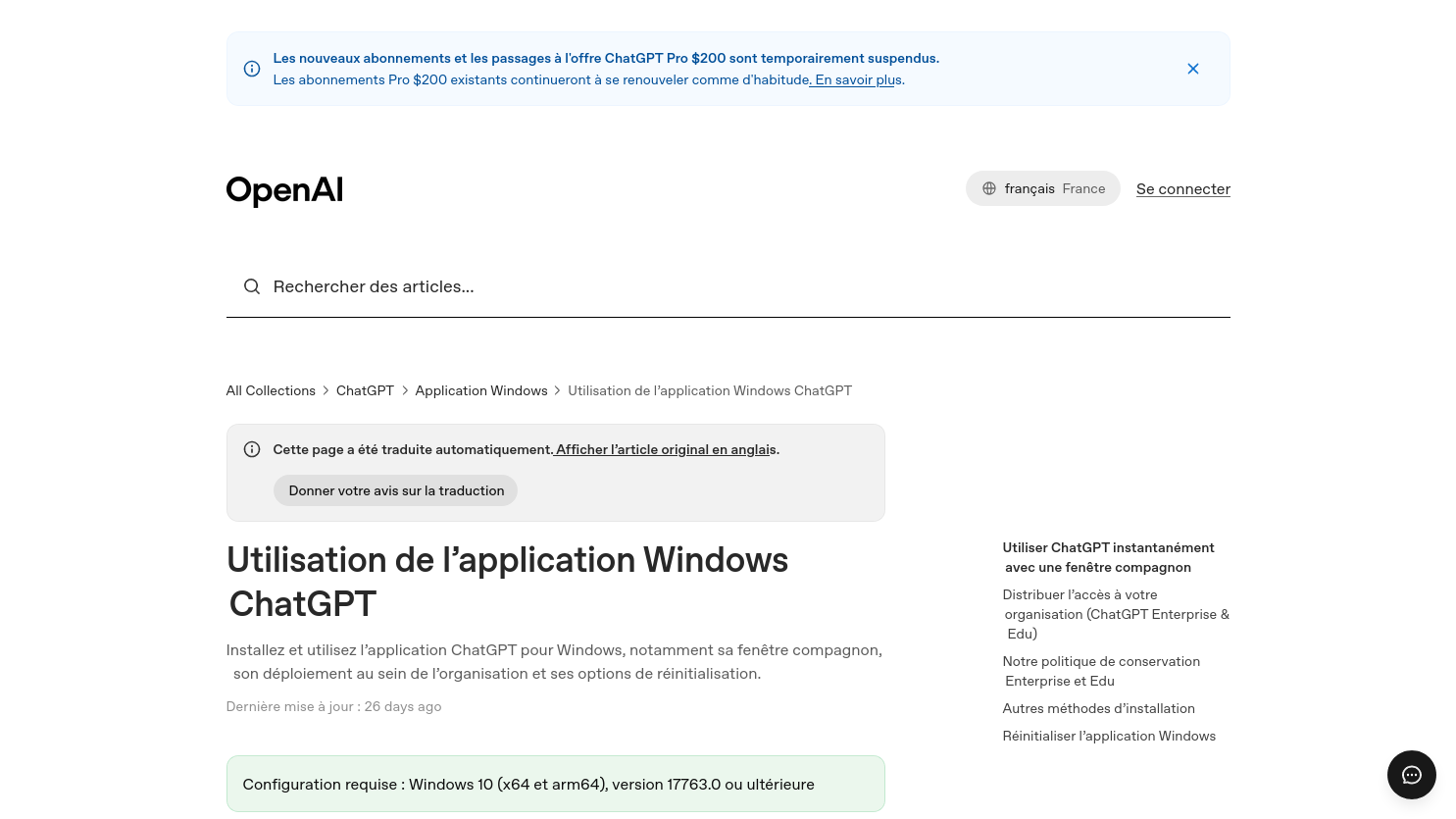Article OpenAI avec le lien vers Microsoft Store