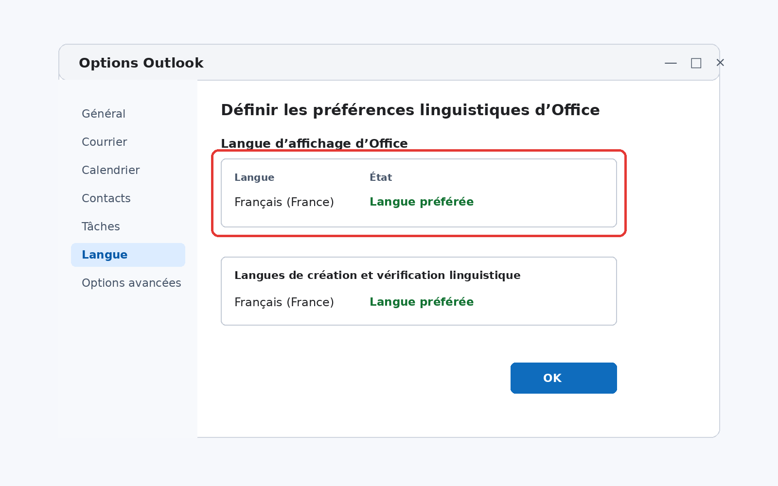 Options Outlook classique avec Français (France) comme langue préférée