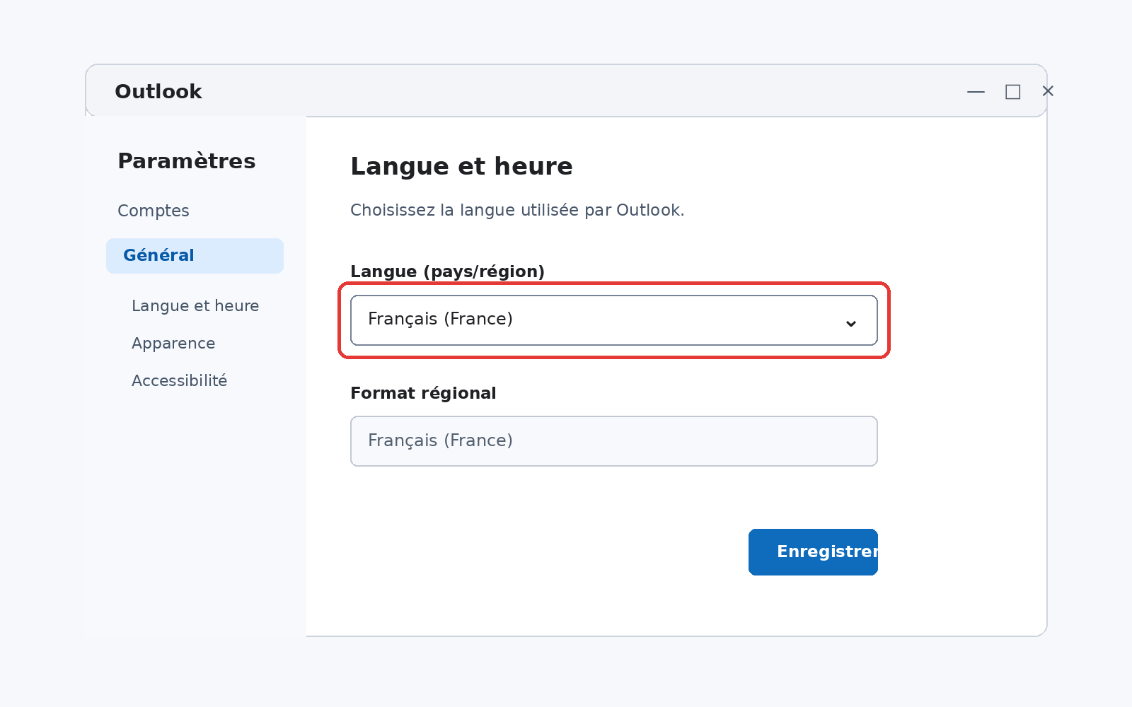 Paramètres de langue du nouvel Outlook avec Français (France) sélectionné