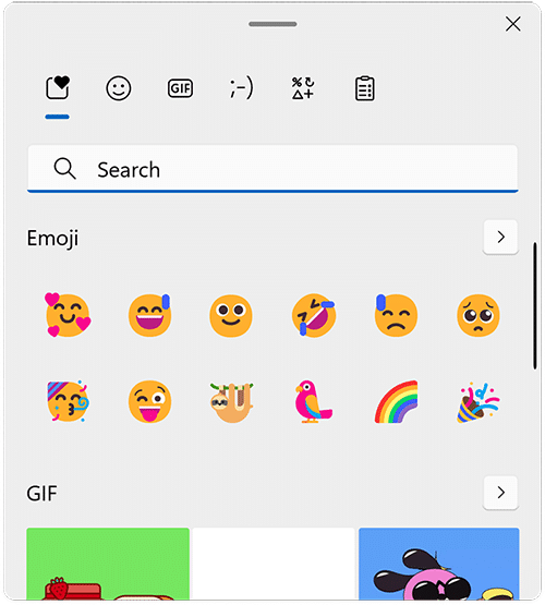Panneau Emoji de Windows avec champ de recherche