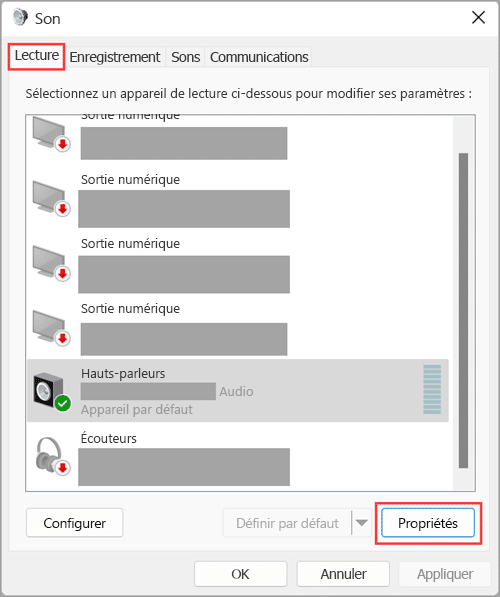 Propriétés du périphérique de sortie audio dans Windows 11