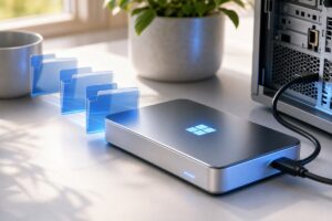 Disque externe relié à un PC Windows 11 pour sauvegarder des fichiers
