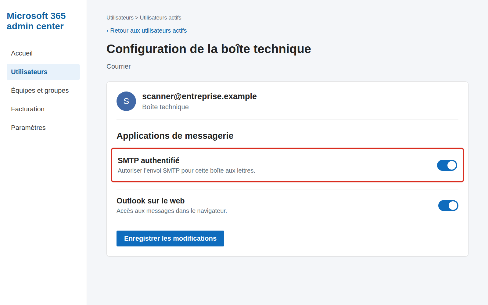 Capture reconstituée du réglage SMTP authentifié