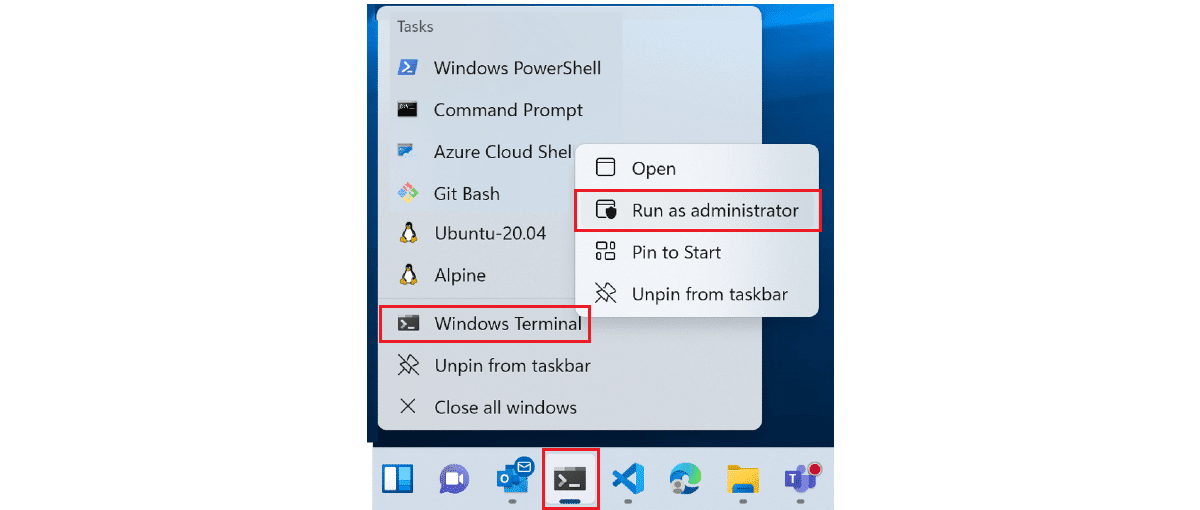Menu Terminal Windows avec l’option Exécuter en tant qu’administrateur