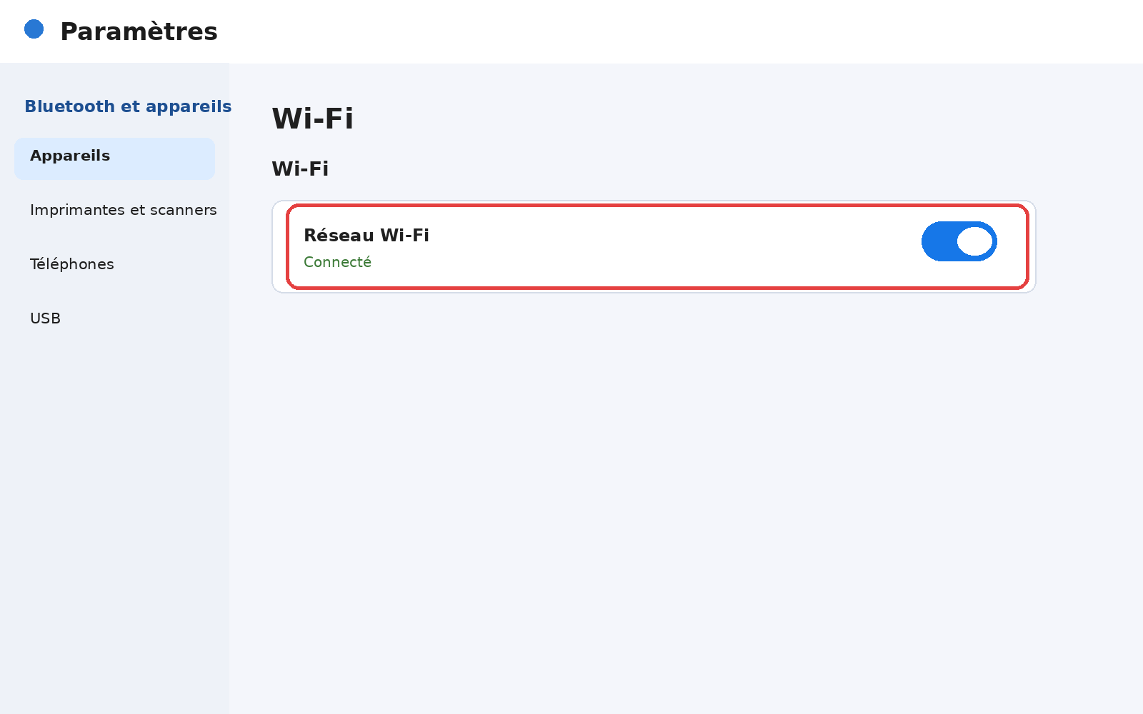 Paramètres Wi-Fi de Windows 11 avec réseau connecté