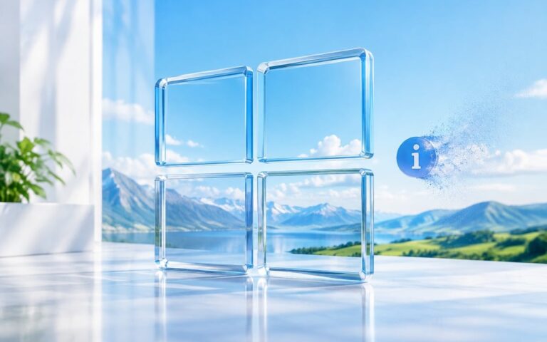 Symbole Windows bleu devant un paysage, avec une icône d’information qui disparaît.