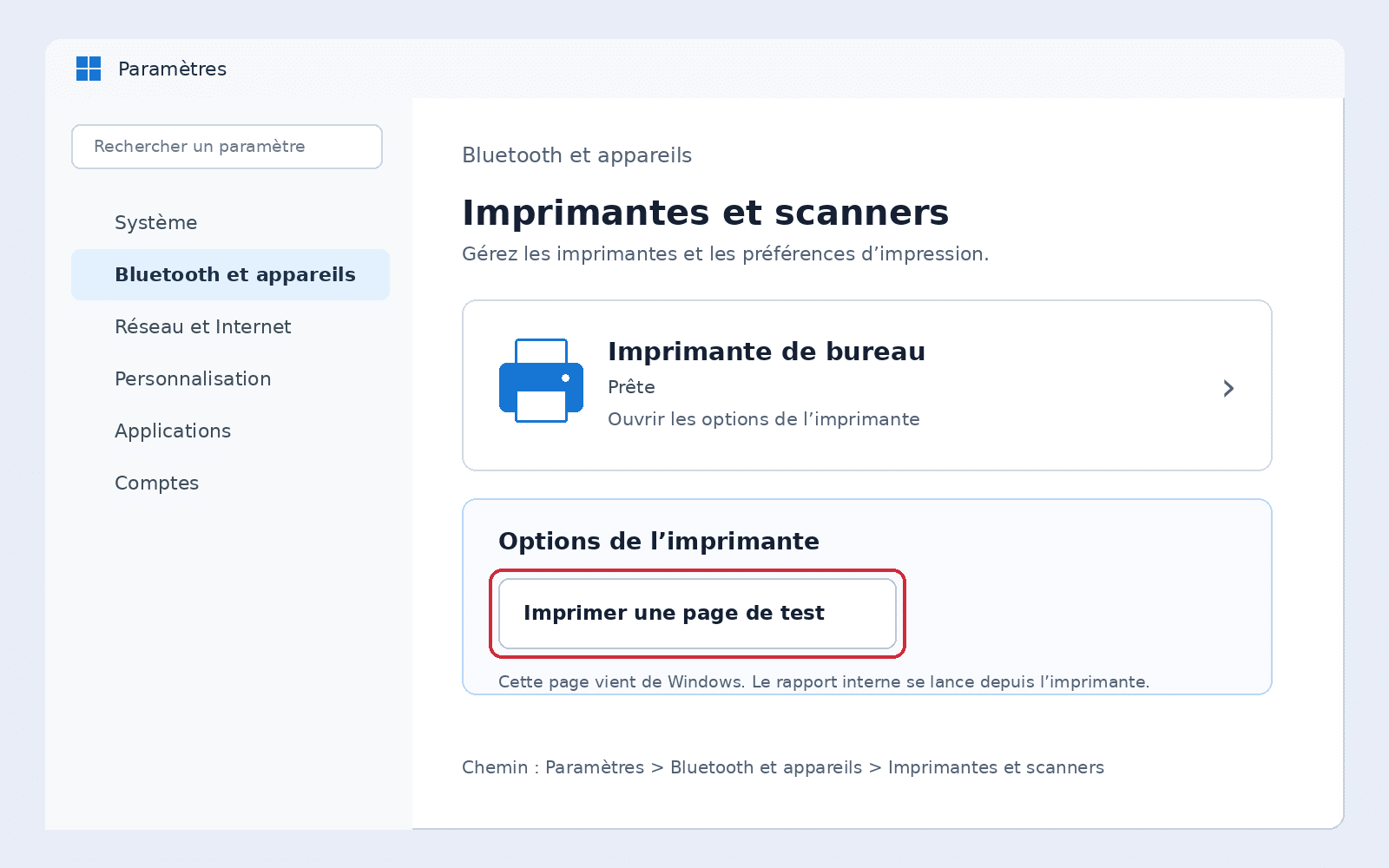 Page Imprimantes et scanners de Windows 11 avec le bouton Imprimer une page de test.