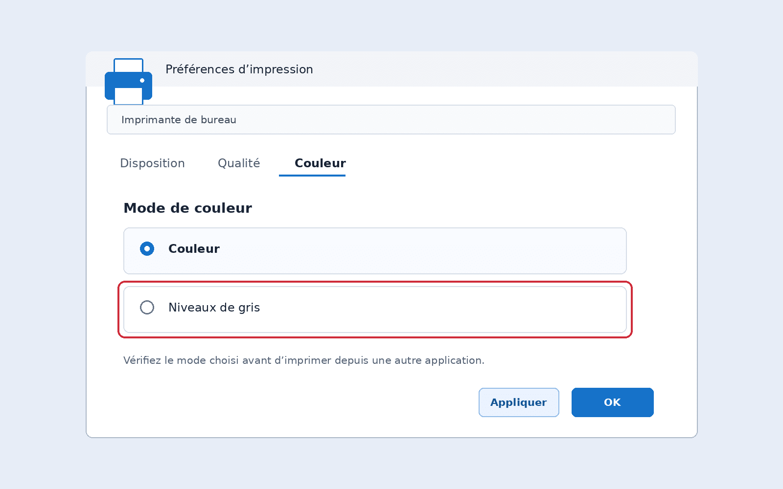 Préférences d’impression Windows montrant le choix entre Couleur et Niveaux de gris.