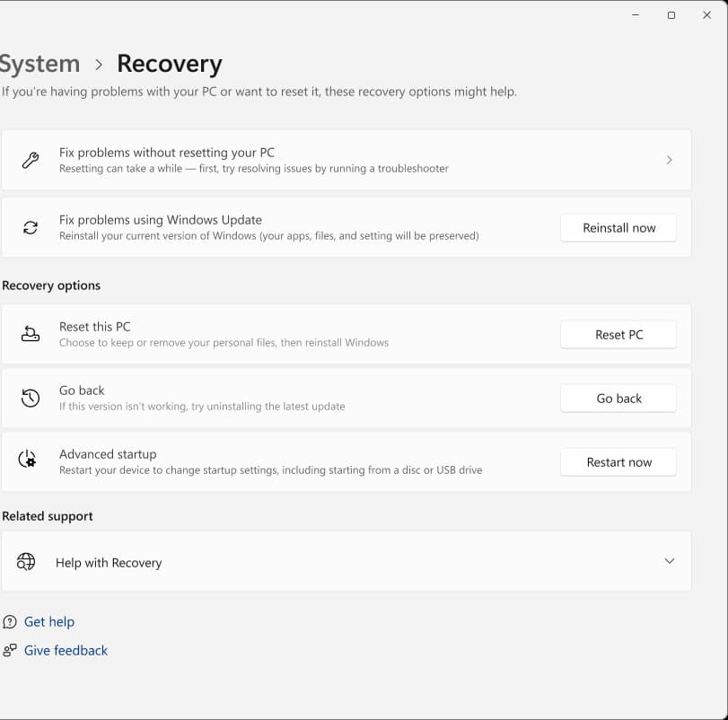 Écran Récupération de Windows 11 avec l’option Réinitialiser ce PC