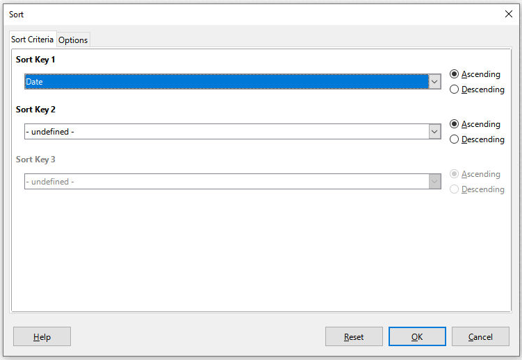 Dialogue de tri de LibreOffice Calc 7.2, onglet des critères de tri