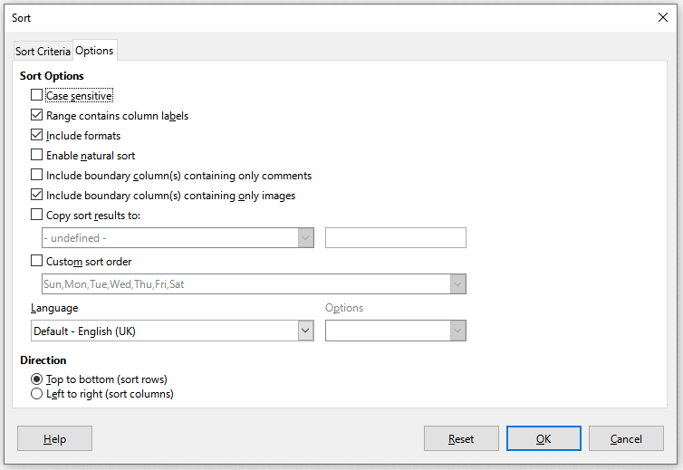 Dialogue de tri de LibreOffice Calc 7.2, options d’en-tête et direction du tri
