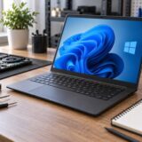 Illustration éditoriale générée : ordinateur portable Windows 11 sur un établi de diagnostic, logo à quatre panneaux intégré à l’écran.