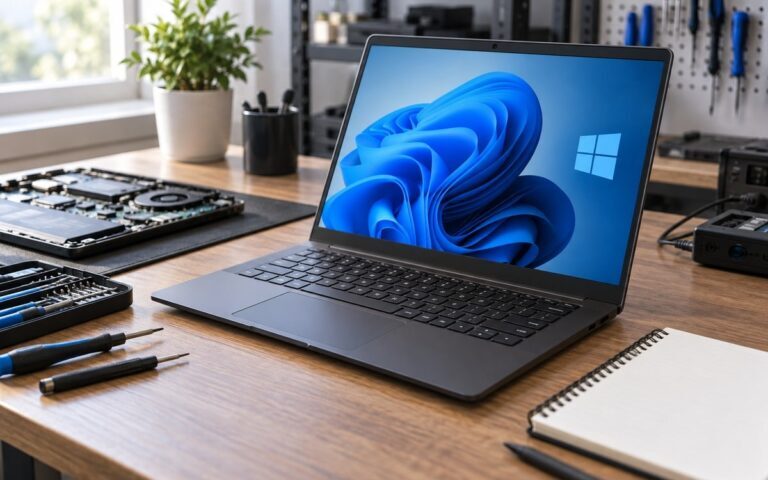 Illustration éditoriale générée : ordinateur portable Windows 11 sur un établi de diagnostic, logo à quatre panneaux intégré à l’écran.