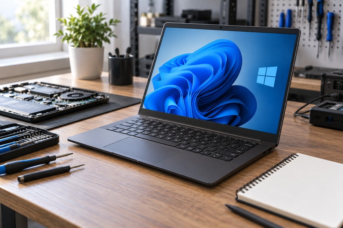 Illustration éditoriale générée : ordinateur portable Windows 11 sur un établi de diagnostic, logo à quatre panneaux intégré à l’écran.
