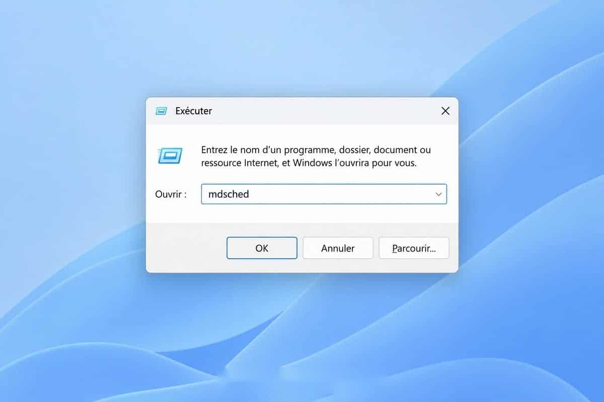 Illustration reconstituée par IA : boîte Exécuter de Windows avec mdsched saisi.