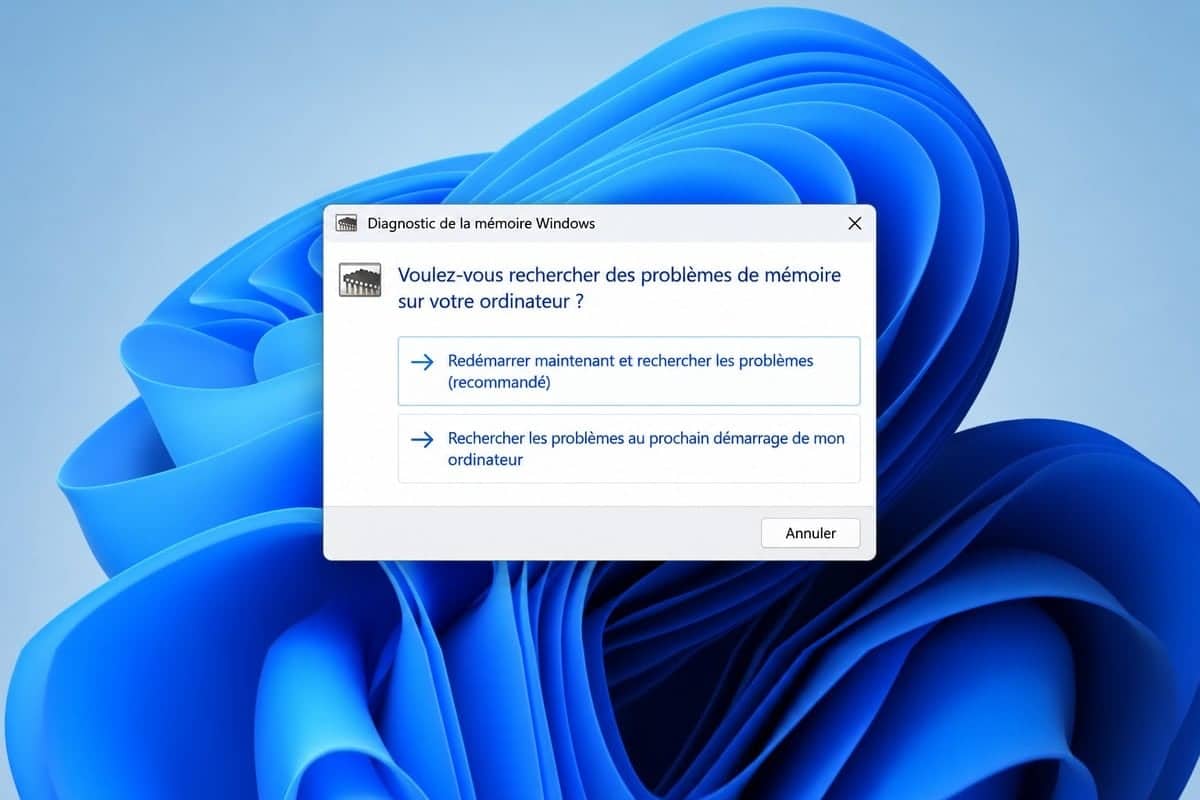 Illustration reconstituée par IA : choix entre redémarrer maintenant ou au prochain démarrage.