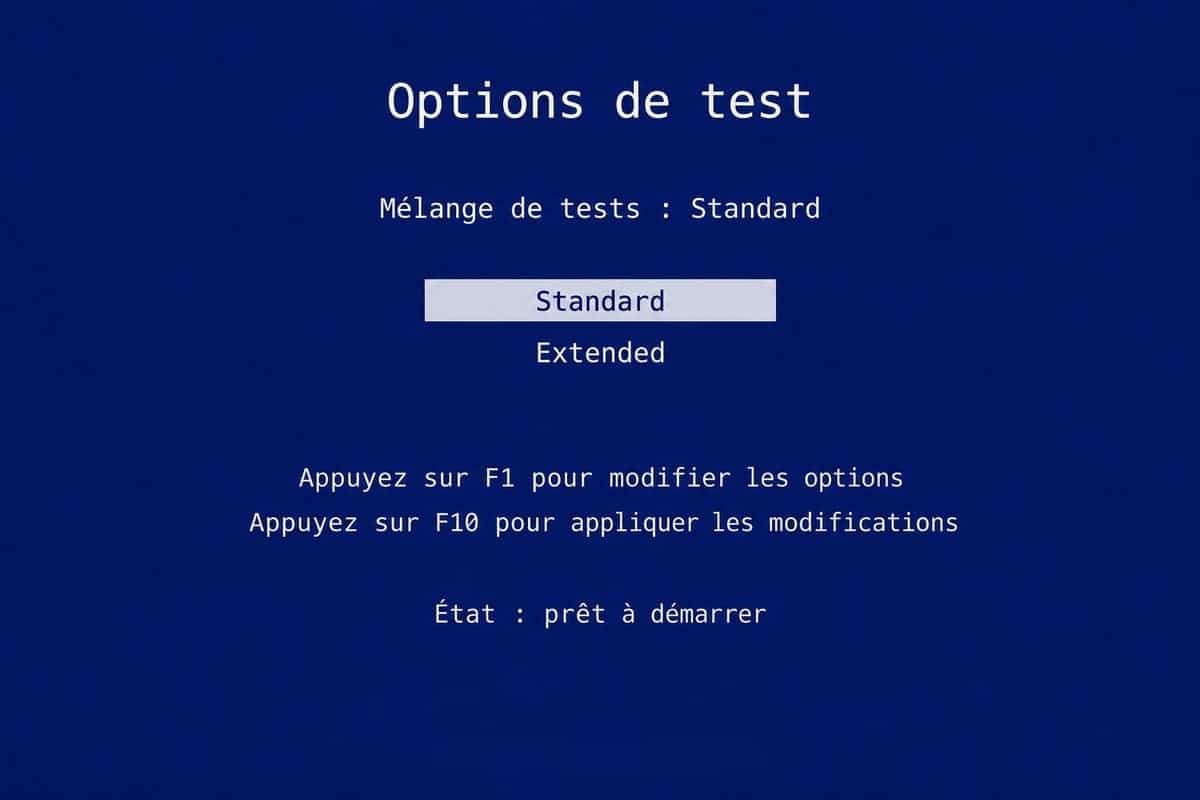 Illustration reconstituée par IA : options du diagnostic mémoire avec Standard et Extended.